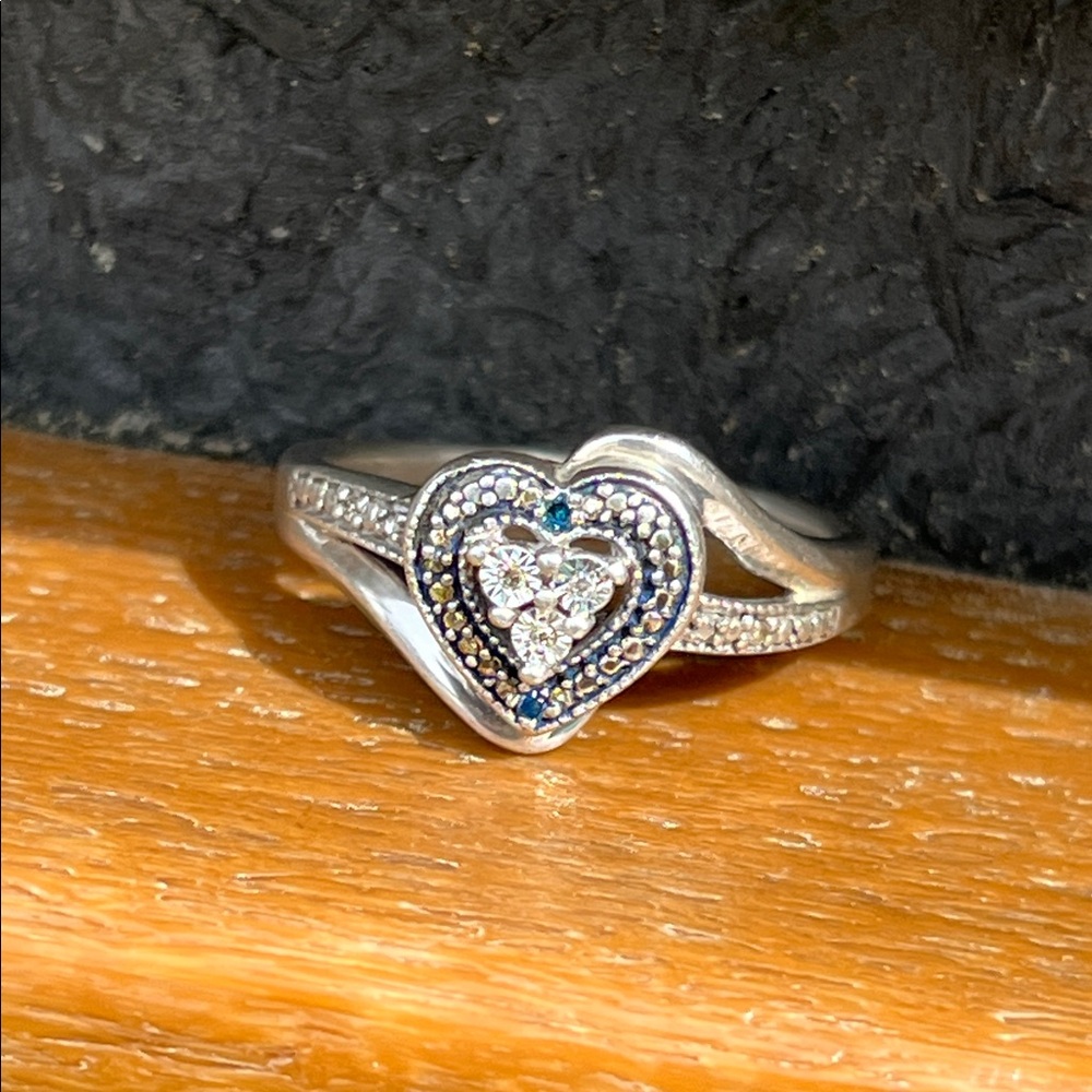 Sterling Diamond Heart Cluster Ring w/ 2 Blue Diamond accents